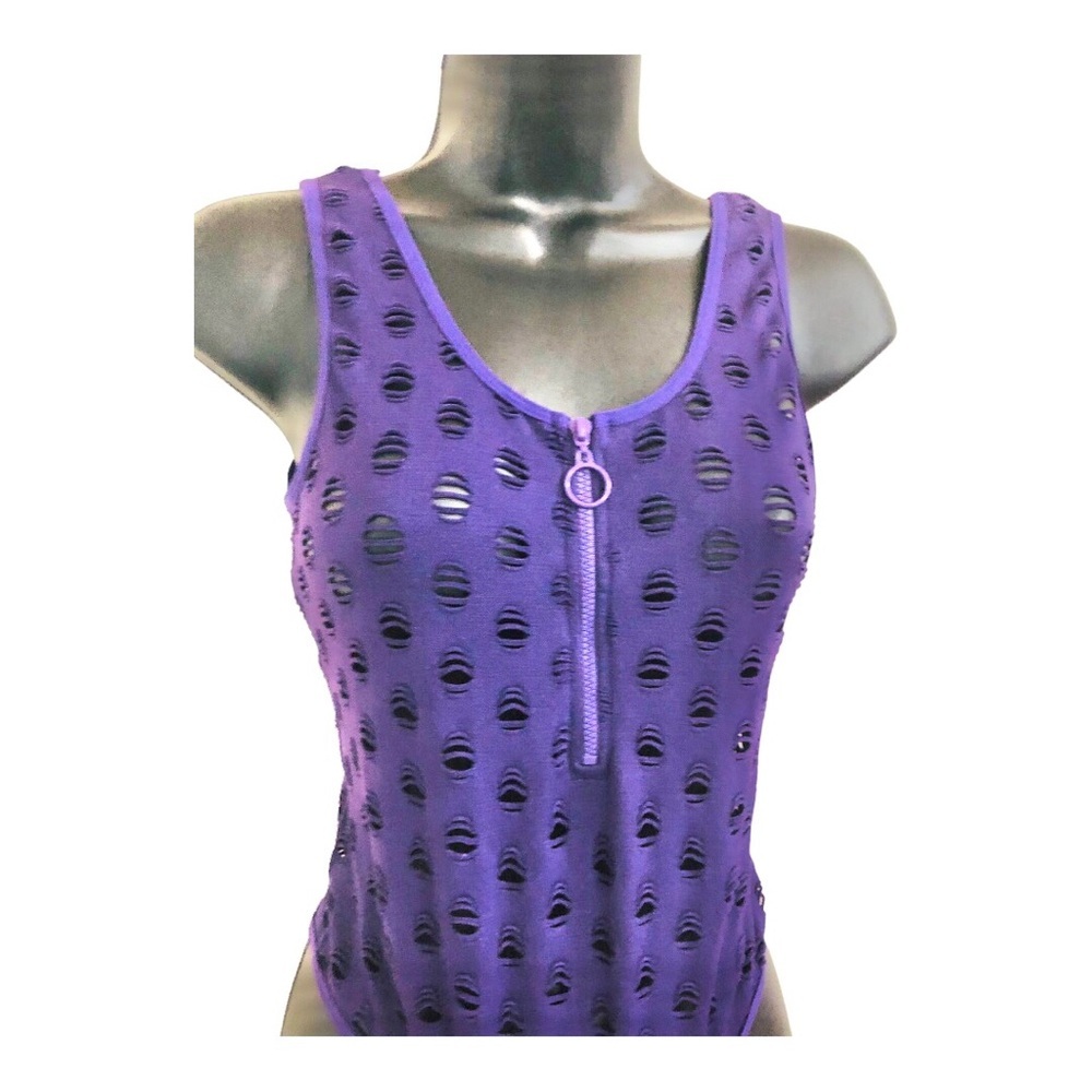 Purple razor cut spandex zip front sleeveless rave bodysuit size Large new‎